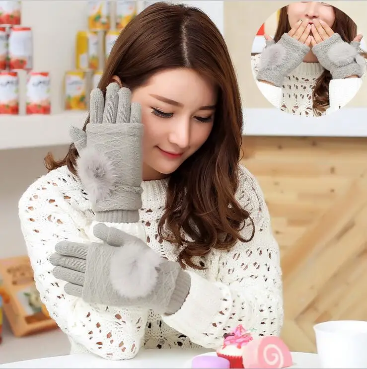 Light Gray Удивительные мягкие волосы мяч перчатка женская зимняя шерсть двойной плюс бархат утолщенные половина пальца набора теплые перчатки G107 - Цвет: Light Gray