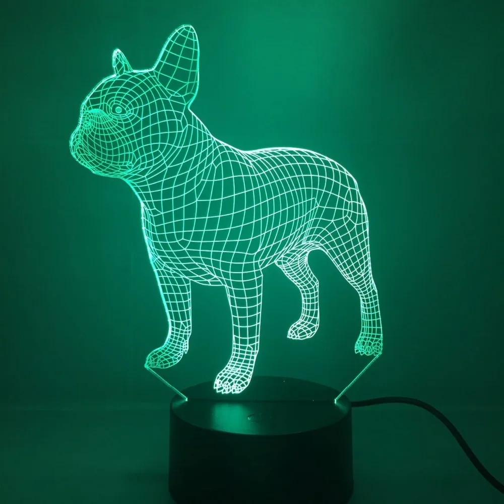 Французская собака 7 цветов лампа 3D Визуальный светодиодный ночник для детей