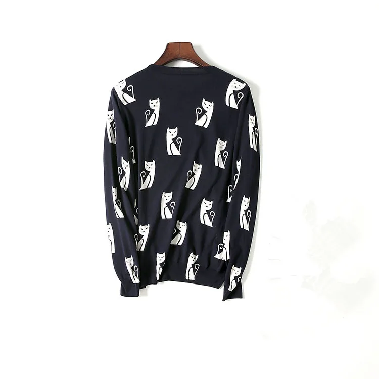 new arrival wool knit women fashion cartoon cat short pullover sweater Oneck dark blue M/XL | Женская одежда