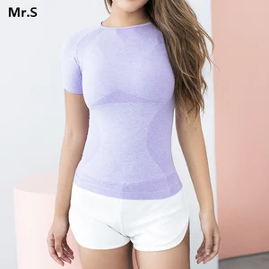 Женская бесшовная футболка для йоги, топ с коротким рукавом для фитнеса и активных тренировок, компрессионная Спортивная футболка для бега