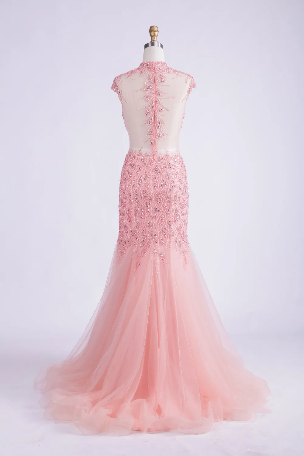 Finove 2020 New Design Fashion High Neck Pink Tulle Mermaid See Through Back Beading Evening Dresses Long Formal Party | Свадьбы и