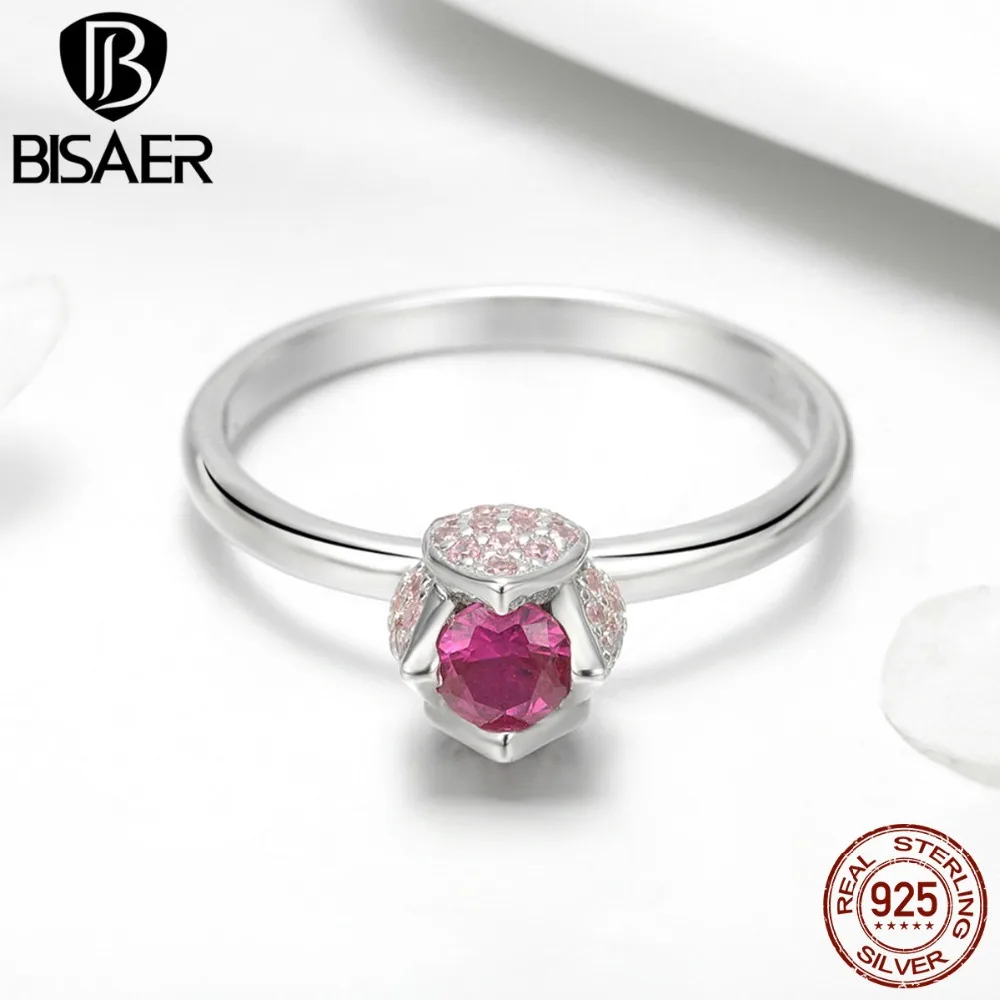 BISAER 925 пробы Серебряное романтическое кольцо в виде цветка розы для женщин розовые CZ цветочные бутоны кольцо на палец Свадебные серебряные украшения ECR455