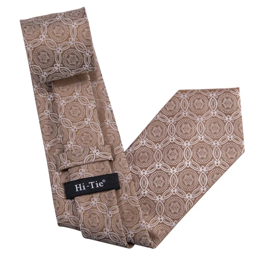 Hi-Tie Luxury Silk Men's Fashion Brown Floral Necktie Handkerchief Cufflinks Set Wedding Party Business Tie C-3086 | Аксессуары для