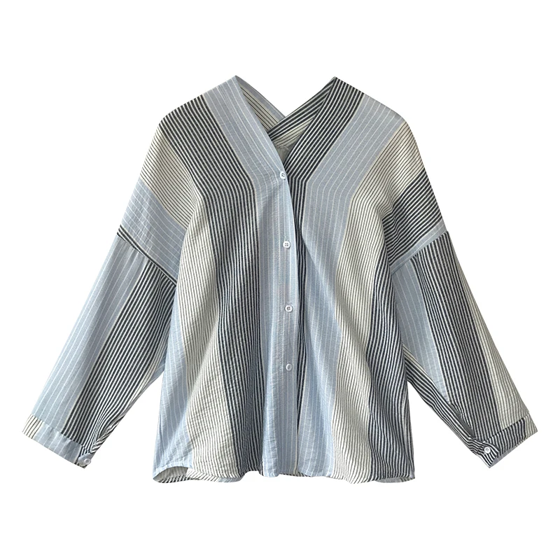

Elegant Sumer Korean Women Blouse Loose Stripe Shirt V Collar Top Bottom Casual Slim Blouse Plus Size