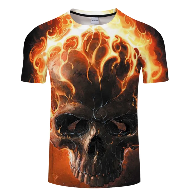 Мужская и женская футболка с 3D принтом Fire Skull Летние повседневные топы короткими