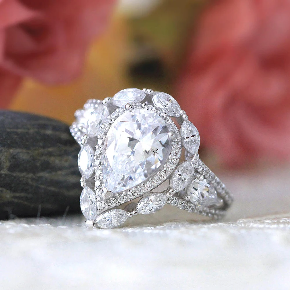 Кольцо Moissanite 4ct 12x8mm, белое золото 14 k, для женщин, цвет DEF, отличное огранка, соларит с грушей, круглой огранка маркиз
