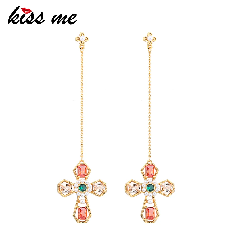 

KISS ME Women Long Earrings Korean Fashion Gold Color Copper Acrylic Glass Cross Dangle Earrings 2018 Luxury Jewelry