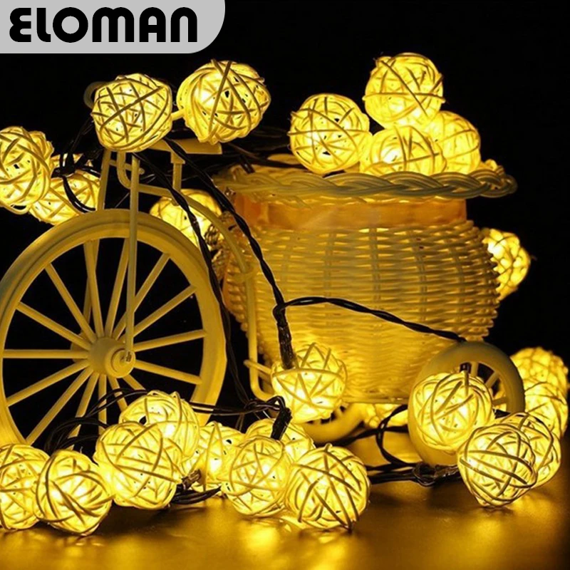 ELOMAN 20 ротанговый шар, светодиодный светильник, ночник, теплый рождественский фонарь, свадебная гирлянда, украшения для занавесок