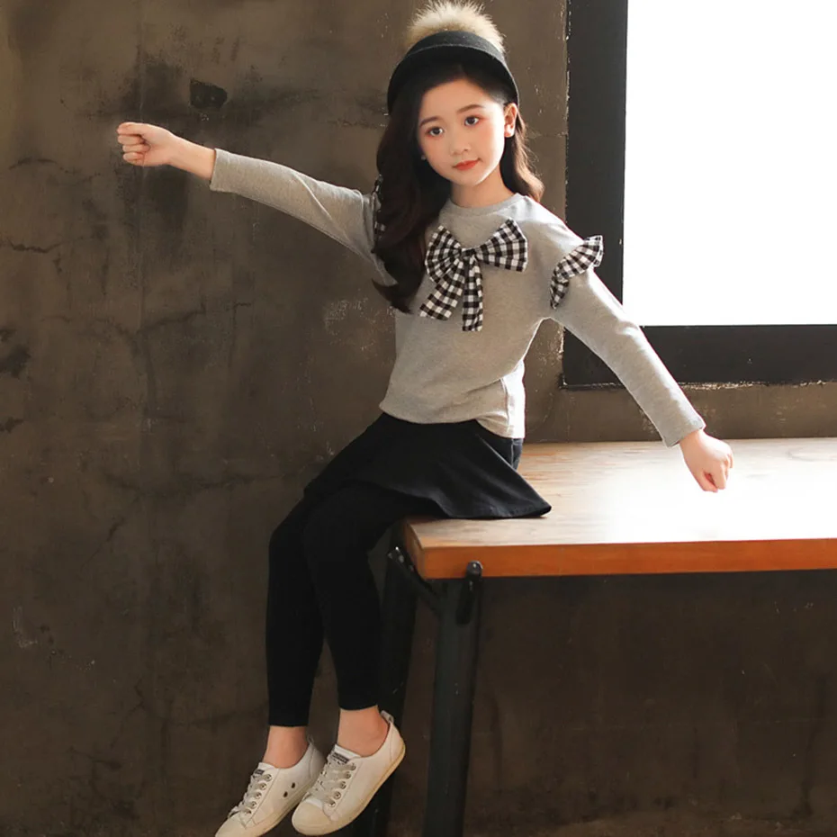 Girl clothes suit bow shirt+ autumn suit girl winter children clothes casual teenager girl clothes 4 6 8 12 years - Цвет: grey