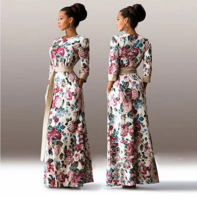 European Style Autumn Dress Women 3/4 sleeve Flower Print A-line Vintage Maxi Long Dresses with Sashes | Женская одежда