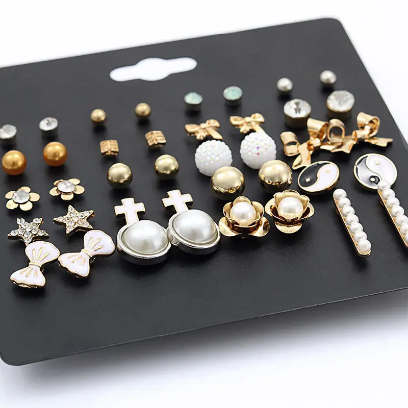 20Pairs/Pack Korea Trendy Simulated-pearl Stud Earrings Set For Women Cute Crystal Heart Enamel Bowknot Pendenties | Украшения и