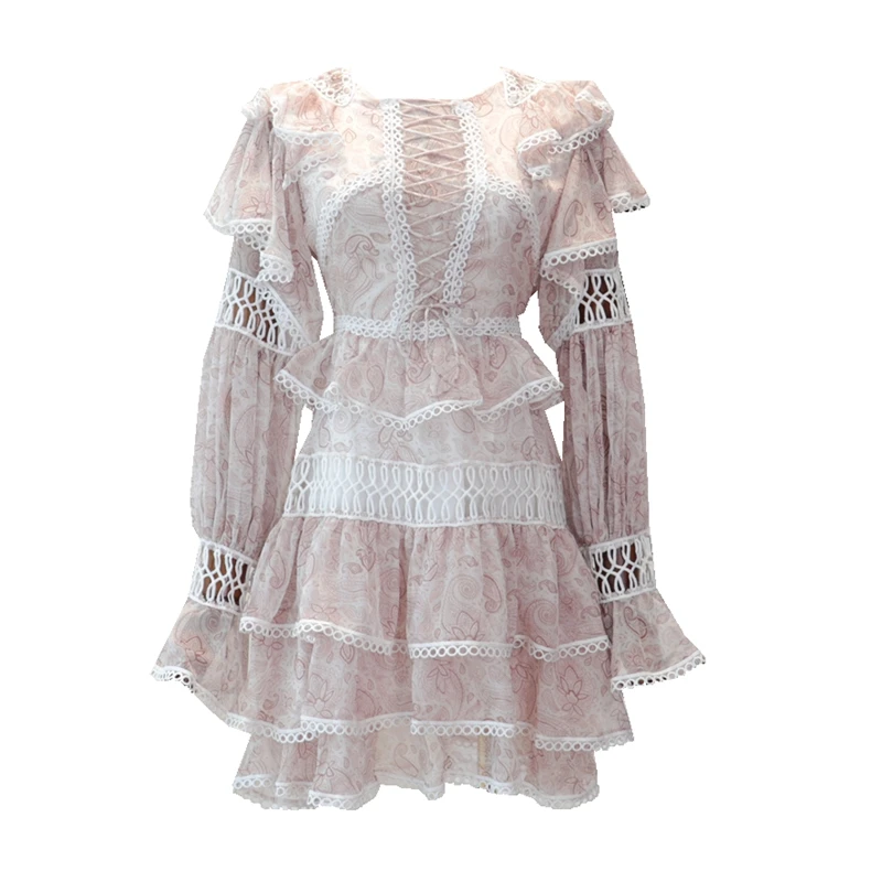 

Luxury Designer Brand Dress for Women Elegant Sexy Hollow Out Lace Printed Cupcake Dress