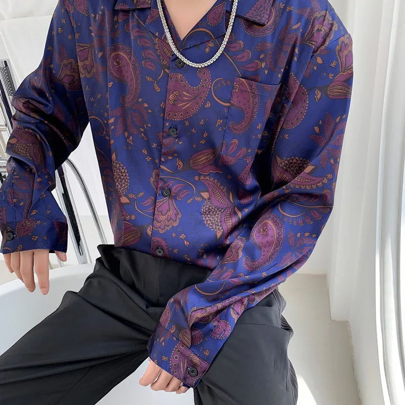 

Male Streetwear Hip Hop Beach Flower Shirt Men Fashion Long Sleeve Loose Vintage Print Casual Shirt