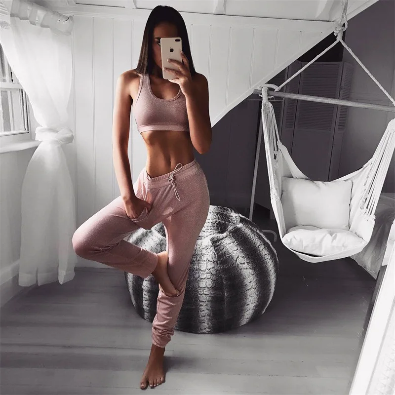 Womens Two Piece Sets 2019 Pink Short Crop Tops andHigh Waist Pants Summer Sweatsuit Sexy Reflective Dance Club Outfits |