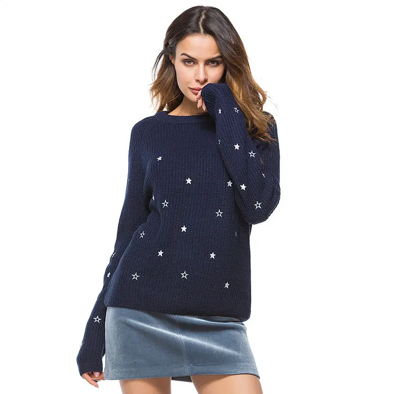Осенний Новый женский пуловер свитер с вышивкой звезд Модный длинным рукавом