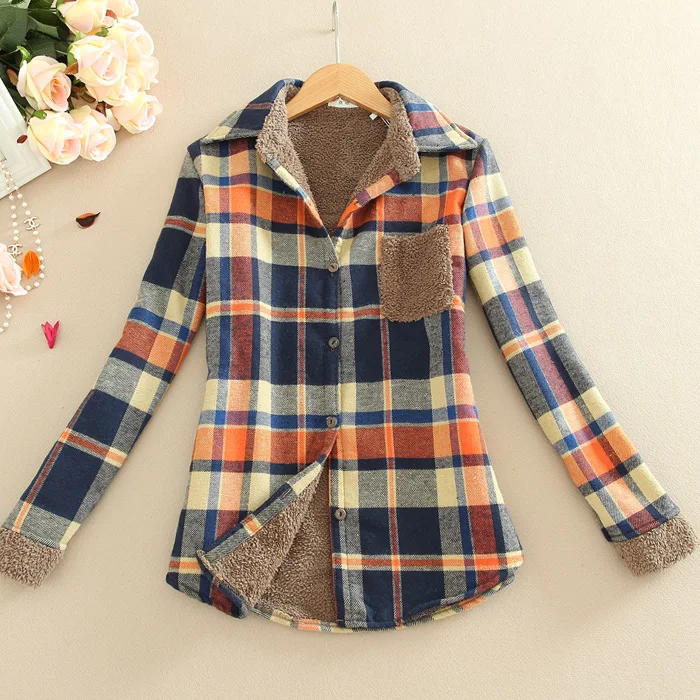 Толстый бархат Blusas зима хлопок с длинным рукавом Женская фланелевая рубашка в