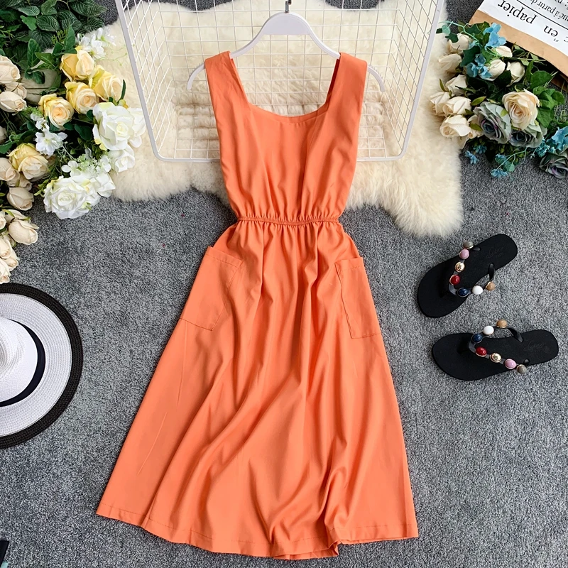 

2019 Summer New Pure Color Round Collar Sleeveless Elastic Waist Dresses Woman Casual Slim Fit Pockets Decoration Dress