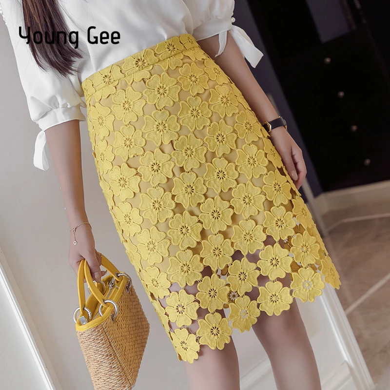 

Young Gee Women High Waist Pencil Skirts Spring Summer Crochet Hollow Out Floral Lace Elegant Tube Office Lady Skirt saias