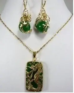

Charming Green created jades Dragon Pendant necklace earring set Free shipping