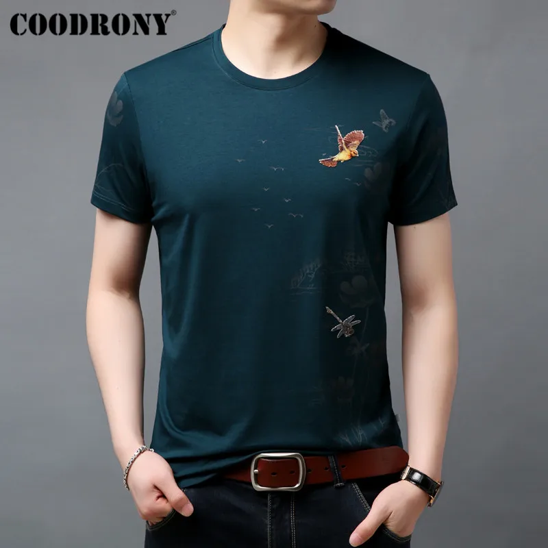COODRONY, Мужская футболка, лето, китайский стиль, цветок и птица, футболка с картиной, Мужская футболка с коротким рукавом и круглым вырезом, Мужская футболка S95038 - Цвет: Зеленый