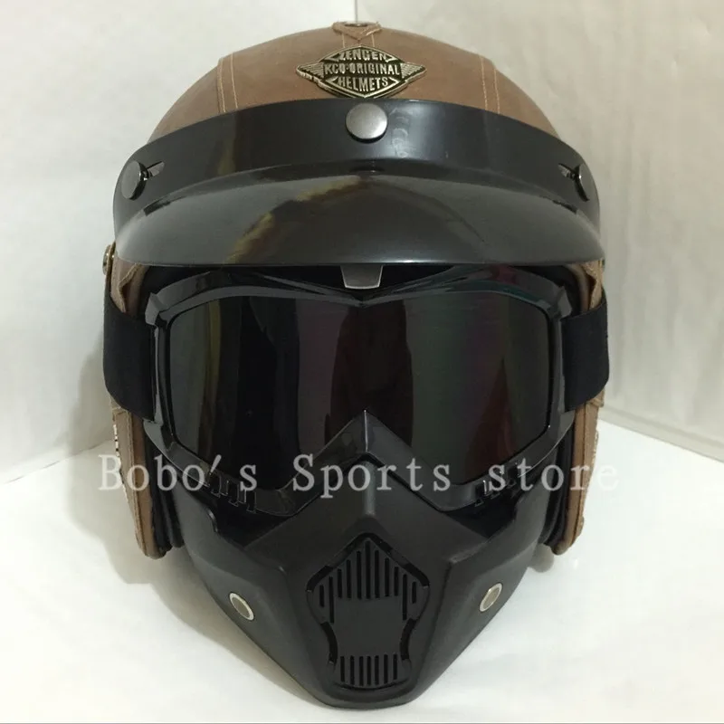 Vintage leather motorcycle helmet Retro Scooter Men/women's 3/4 Moto casco Goggles Mask for open face | Автомобили и