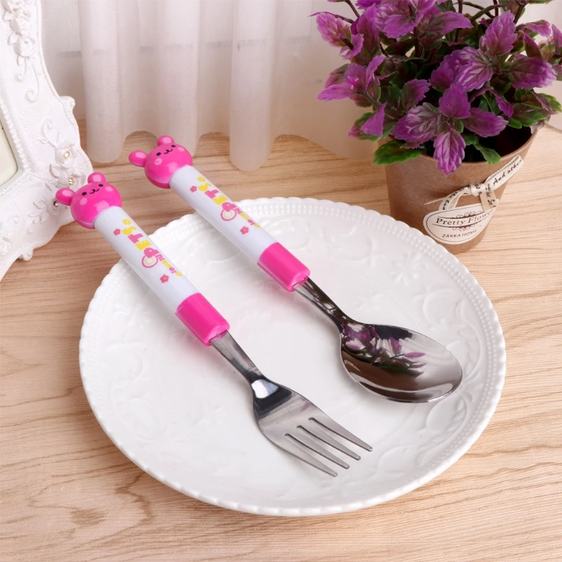 

2Pcs Baby Spoon Fork Cartoon Baby Safety Stainless Steel Spoon Fork Set Kids Feeding Tableware Dropshipping