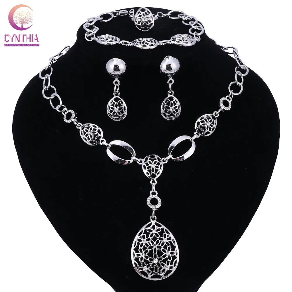 New Women silver Color African Beads Jewelry Sets For Wedding Fashion Necklace Earrings Bracelet Rings Set Dress Accessories | Украшения и