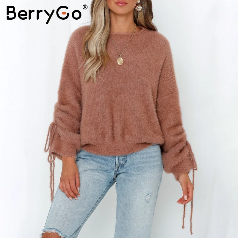 BerryGo Lace up soft mohair pullover women sweater O neck drop sleeve sweaters female Casual streetwear ladies knitted jumpers | Женская