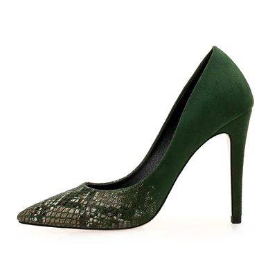Dark green Мода текстурой змеиной кожи тонкий высокий каблук модельные туфли женские туфли из органической кожи туалетный насос маленькие и большие размеры 31–44 - Цвет: Dark green