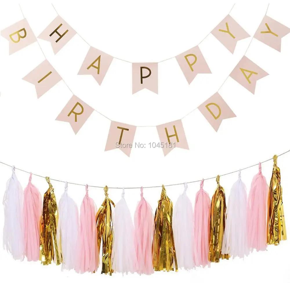 

Розовый счастливый флаг на день рождения баннерная гирлянда с золотыми буквами, розовый/белый/фольга Золотая папиросная бумага Tasset Гирлянд...