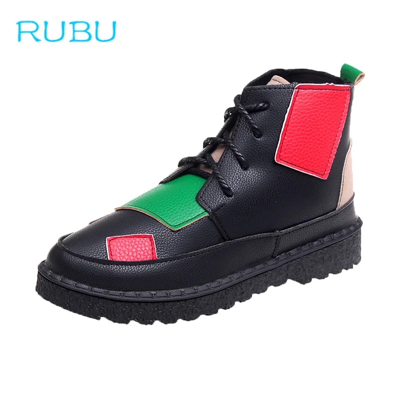 2018 Autumn and Winter New Color Matching Patch Boots Female Mouth Flat Short British Wind Women's Shoes | Обувь