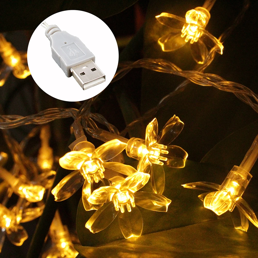 5 м USB СВЕТОДИОДНАЯ Гирлянда водостойкая наружная садовая Рождественская гирлянда Сакура 40 Led Фея свет вишни День рождения Свадьба