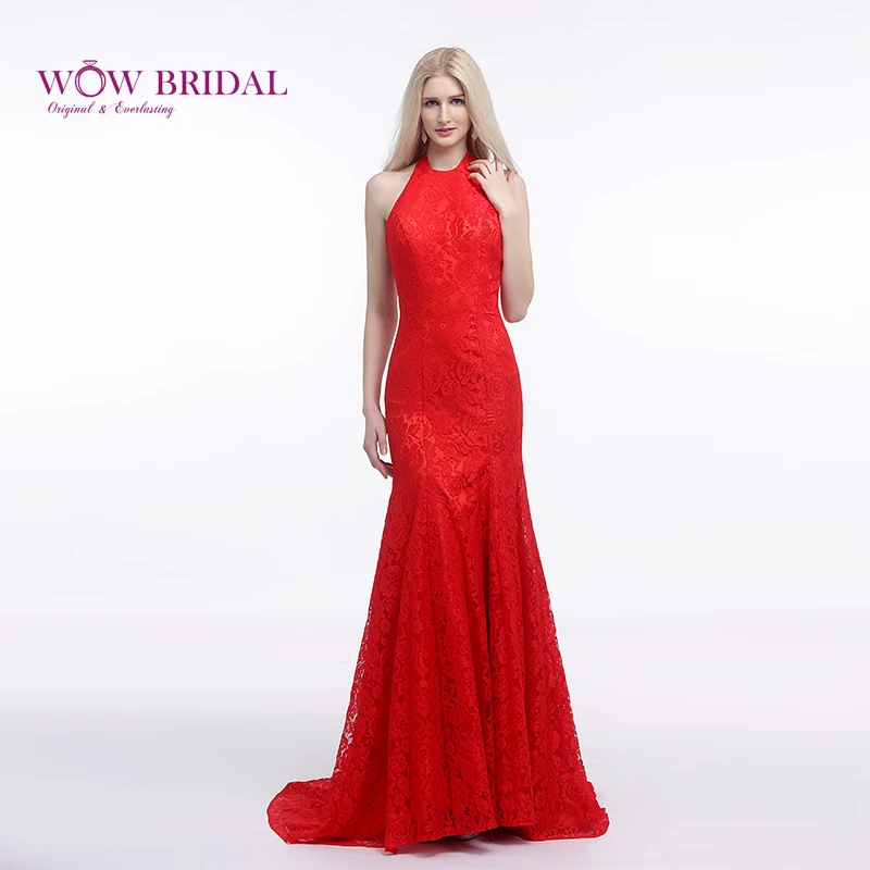 

Wowbrial Graceful Lace Red Evening Dress 2021 Halter Off the Shoulder Lace Appliqued Embroidery Mermaid Draped Long Formal Dress