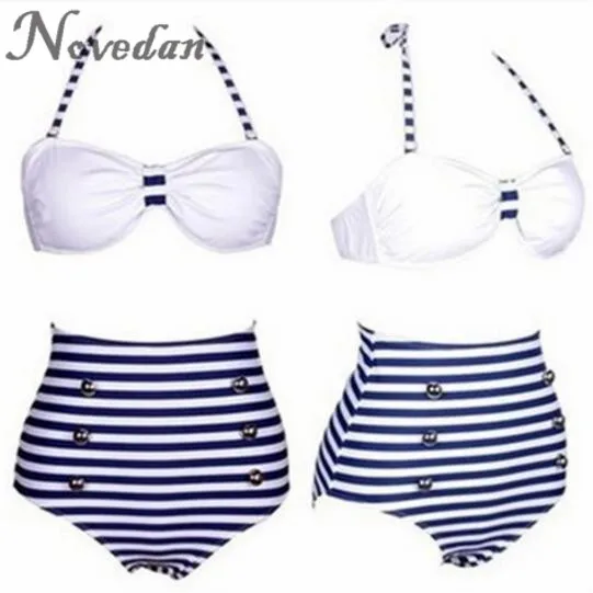 Navy blue Женский винтажный Ретро Холтер темно-синяя полоса моряк бикини набор купальник купальный костюм Пляжная одежда бикини с высокой талией - Цвет: Navy blue