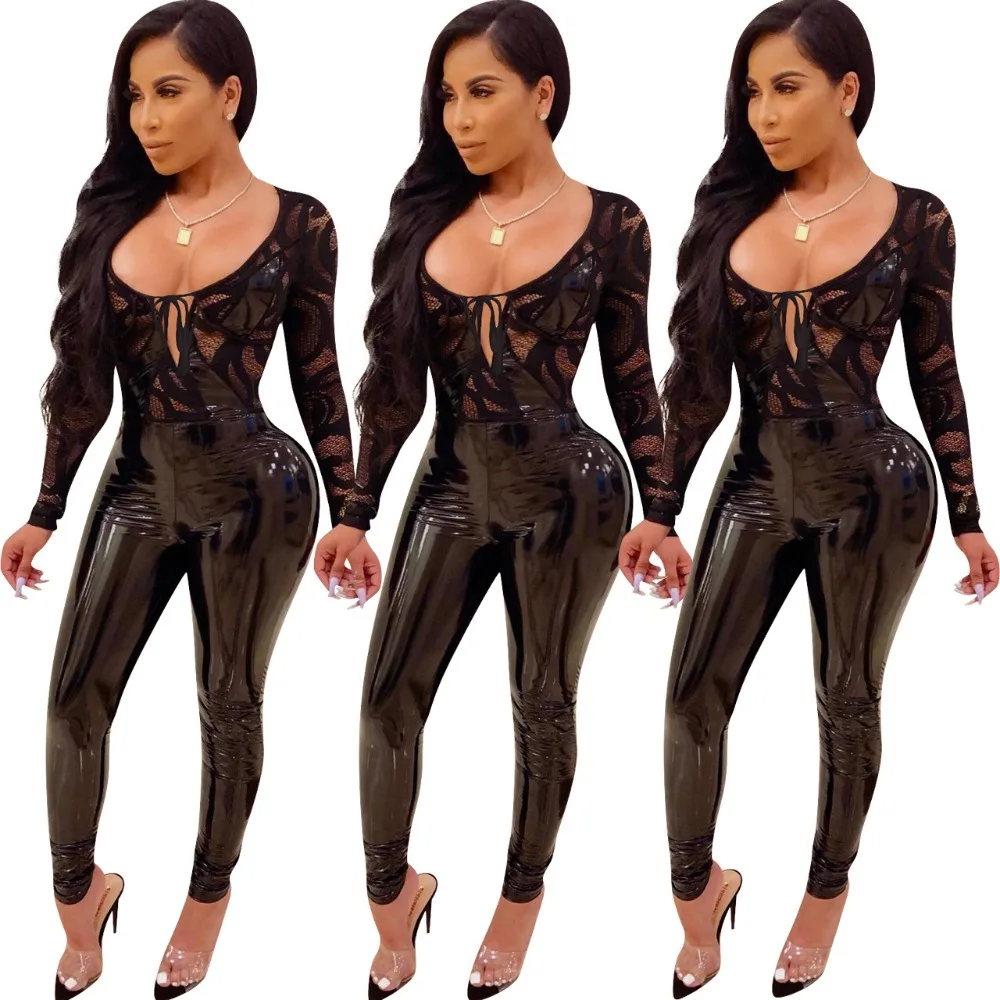 

New Design Club Sexy Jumpsuits Lace With Pu Leather Patchwork Women Sexy Skinny Bodysuits