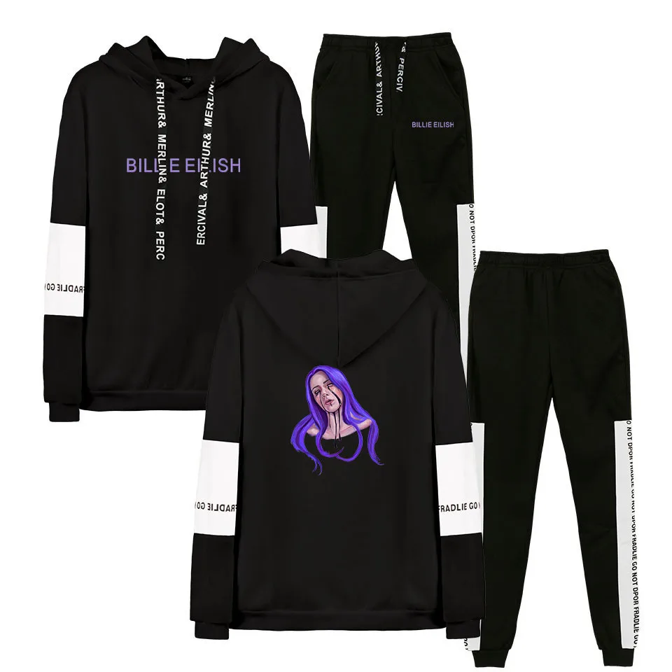 Billie Eilish/мужские комплекты с принтом Повседневная куртка с капюшоном для мужчин и женщин, спортивный костюм из 2 предметов, спортивные толстовки, толстовка, штаны, костюм для бега