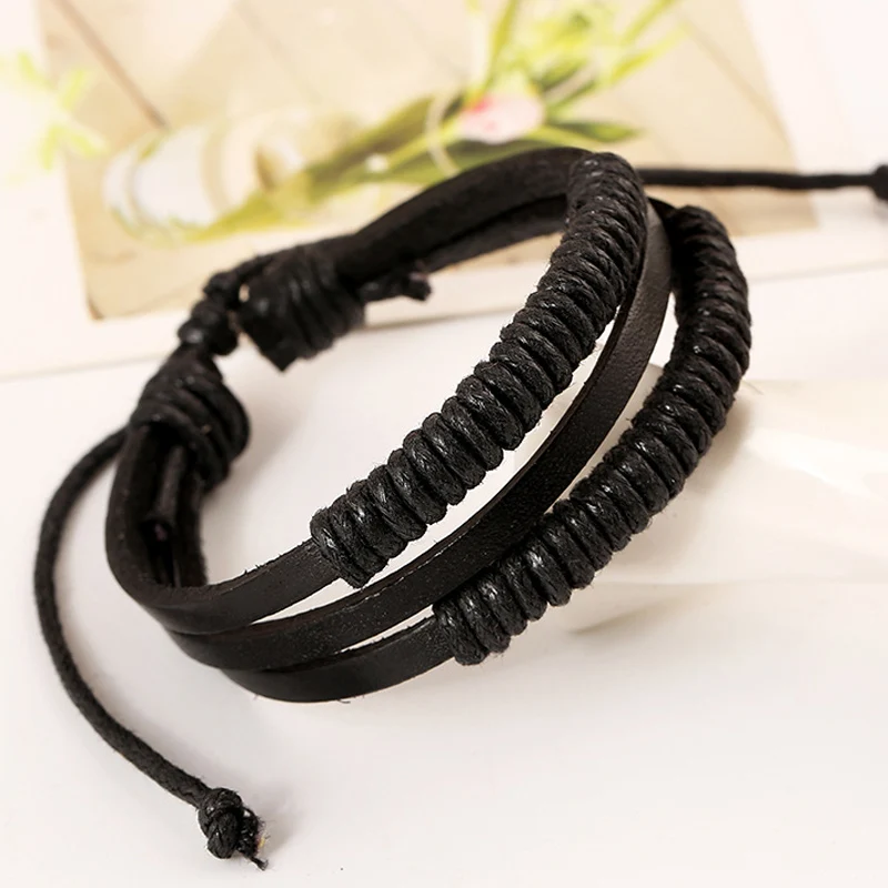 Модные мужские Многослойные плетеные браслеты из черной кожи на резинке