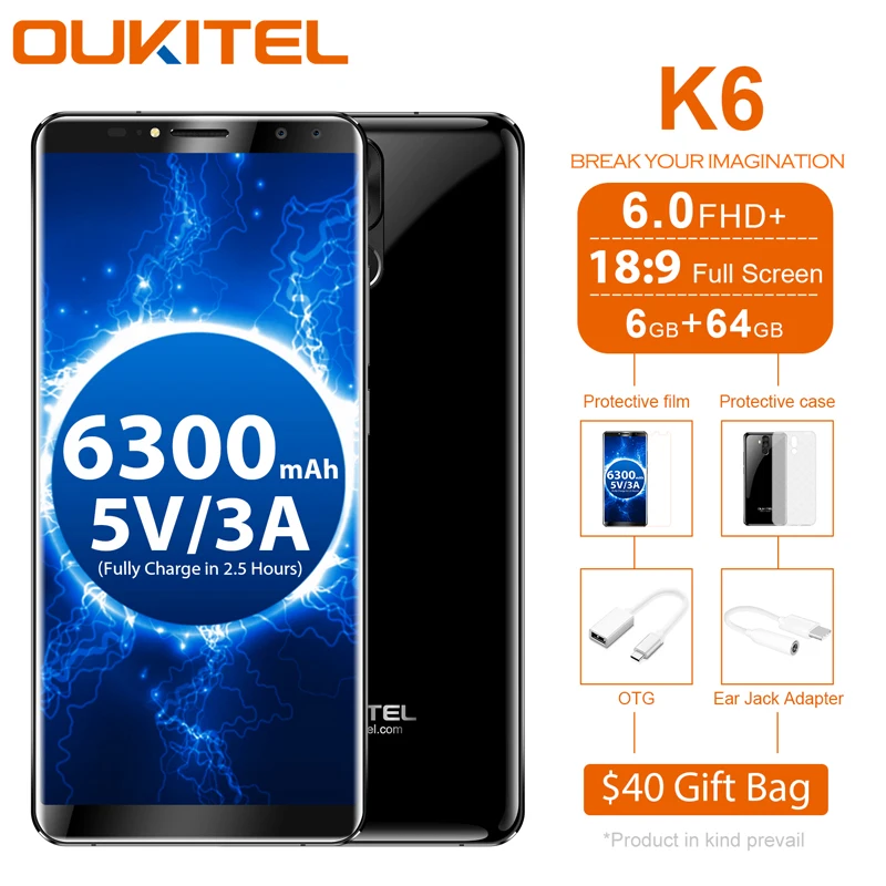 Oukitel K6 Android 7.1 mtk6763 Octa core 4 камеры смартфон 6 ГБ + 64 18:9 6.0 ''Дисплей уход за кожей