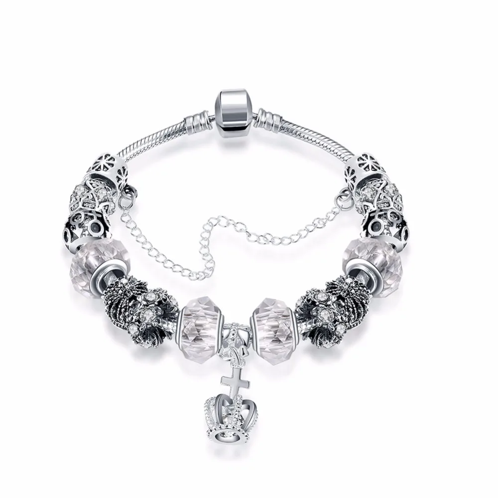 Seanuo 7 Color European Style Queen Crown &amp Cross Silver Charm Bracelet For Women Fashion DIY Murano Beads CZ Crystal Bracelets |