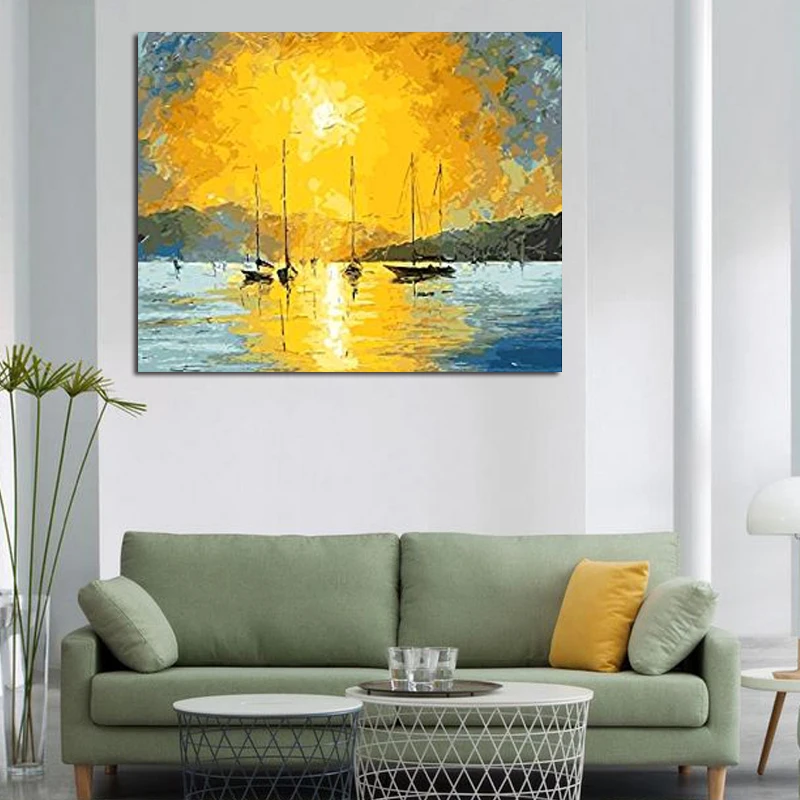 Рисуй по номеру Wall art живописи номерам лодка Закат гостиная спальня украшения