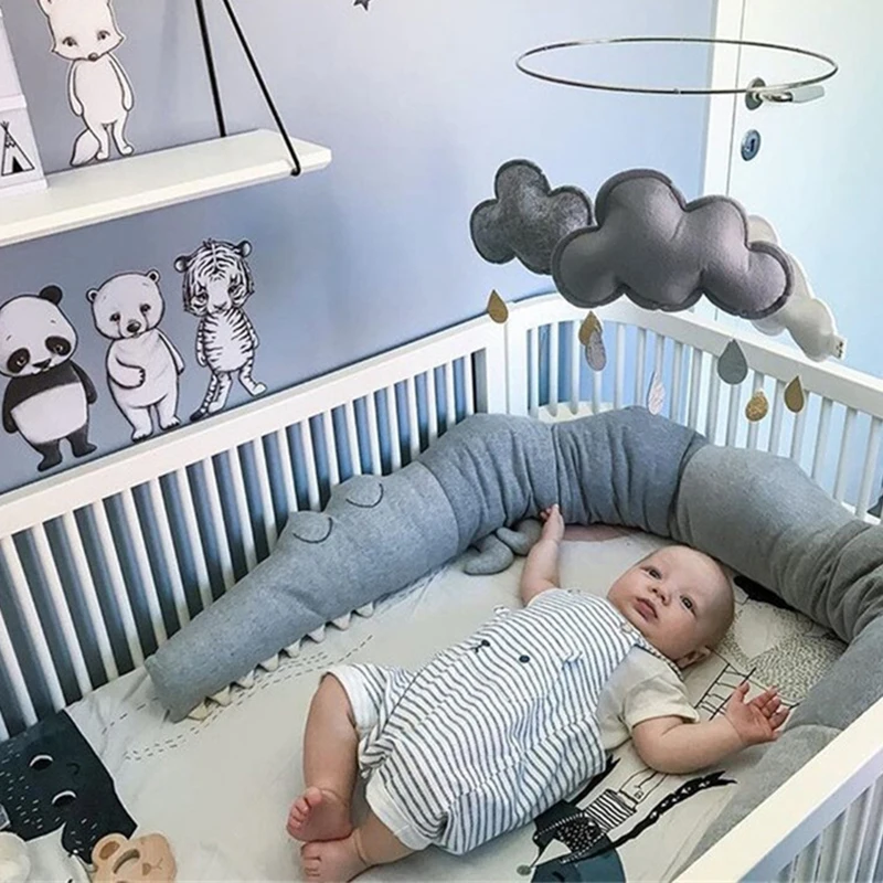 

Soft baby bed rails crib cot bumper pads bedding set lovely crocodile big hugging pillow bed rails infant cradle sleeping toys