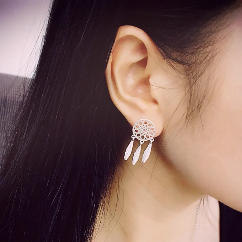 New Fashion Silver Bohemia Nationality Indian Feather Dream Catcher Dreamcatcher Drop Earrings For Women Jewelry High Quality | Украшения и