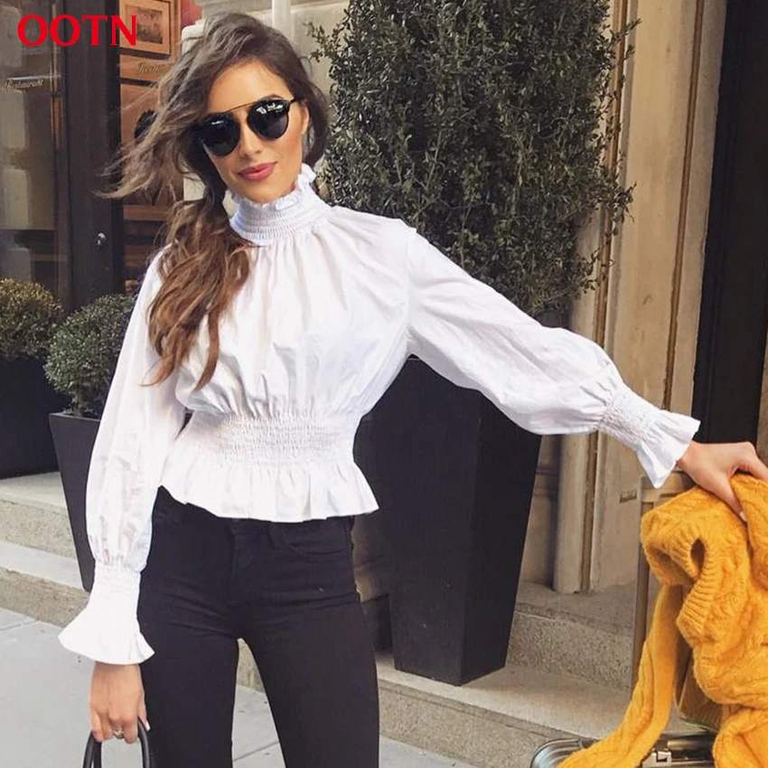 Ootn Для женщин белая офисная блузка с оборками женский 2018 осень зима длинным