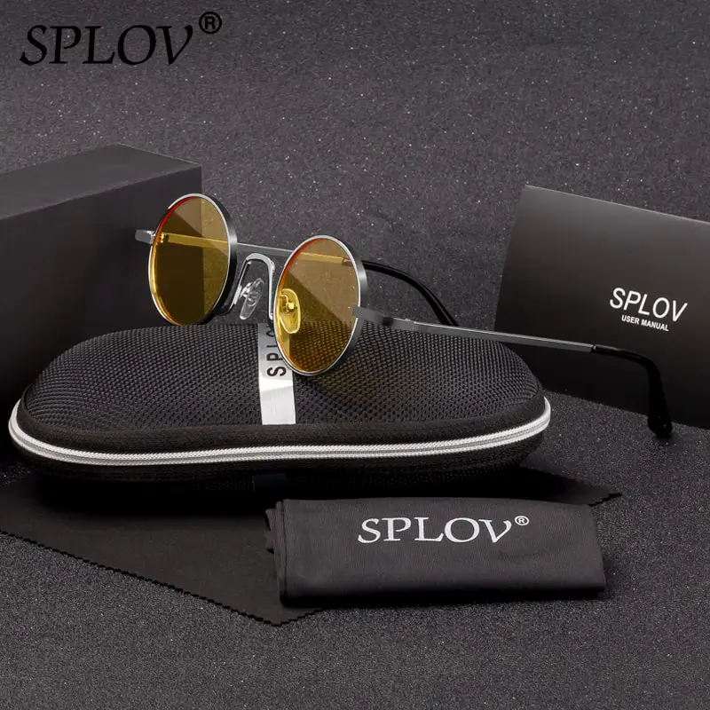 W4 Silver Yellow SPLOV, Ретро стиль, Rap, солнцезащитные очки для мужчин и женщин, пара, панк стиль, хип-хоп, маленькая круглая металлическая оправа, очки, Ретро стиль, Gafas De Sol, чехол - Цвет линз: W4 Silver Yellow
