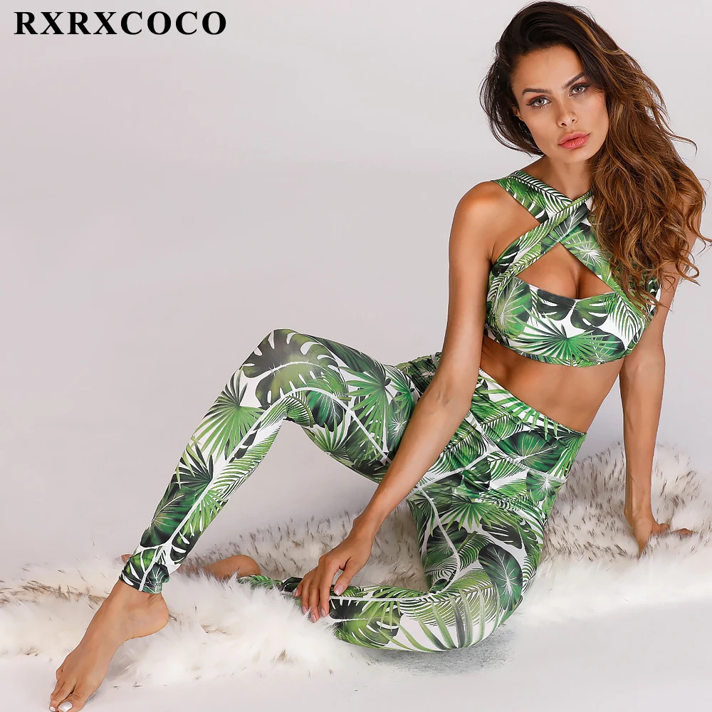 RXRXCOCO, новинка, одежда для фитнеса, спортивная одежда для женщин, с принтом тропических листьев, комплект для йоги, с высокой талией, комплект для тренировок, женский спортивный костюм