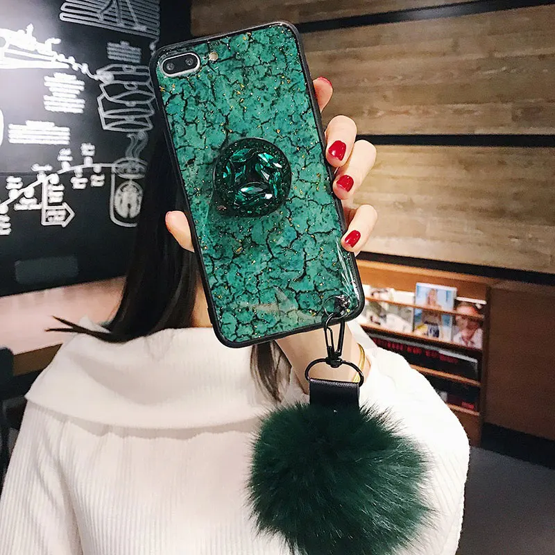 green 2 Чехол для Galaxy S 10 9 8 7 plus edge note 9 8 блестящий Мраморный тренд Алмазный кронштейн с меховым шаром ремешок для телефона задняя крышка чехол бренд - Цвет: green 2