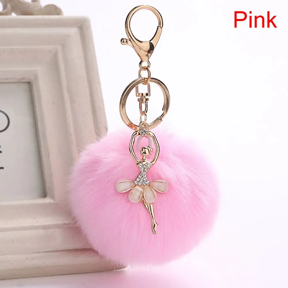 Crystal Ballet Dancing Girl Keyring Golden Pompom Angel Fluffy Plush Puff Ball Pendants Keychains For Car Bag Jewelry