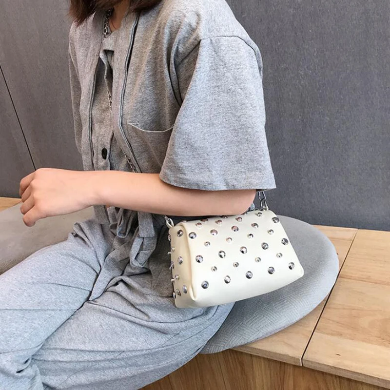 Yogodlns Bags For Women New Fashion Rivet PU Leather Women Bag Diamonds Shoulder Messenger Bag Chains Small Flap Crossbody Bag
