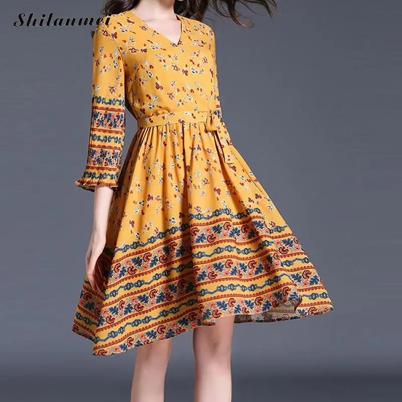 Для женщин летнее платье Элегантные старинные Boho богемное для похудения дышащий