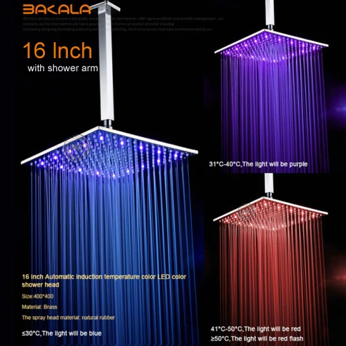 16Inch head with arm BAKALA 8 10 12 16 дюймов с водным питанием от дождя светодиодная душевая головка для ванной комнаты 3 цвета Светодиодная душевая головка. Chuveiro, светодиод - Цвет: 16Inch head with arm